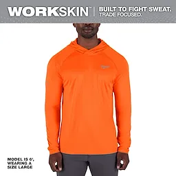 WORKSKIN Hooded Sun Shirt - Orange is a long-sleeve, hooded shirt designed to combat sweat and provide sun protection, ideal for trade professionals.