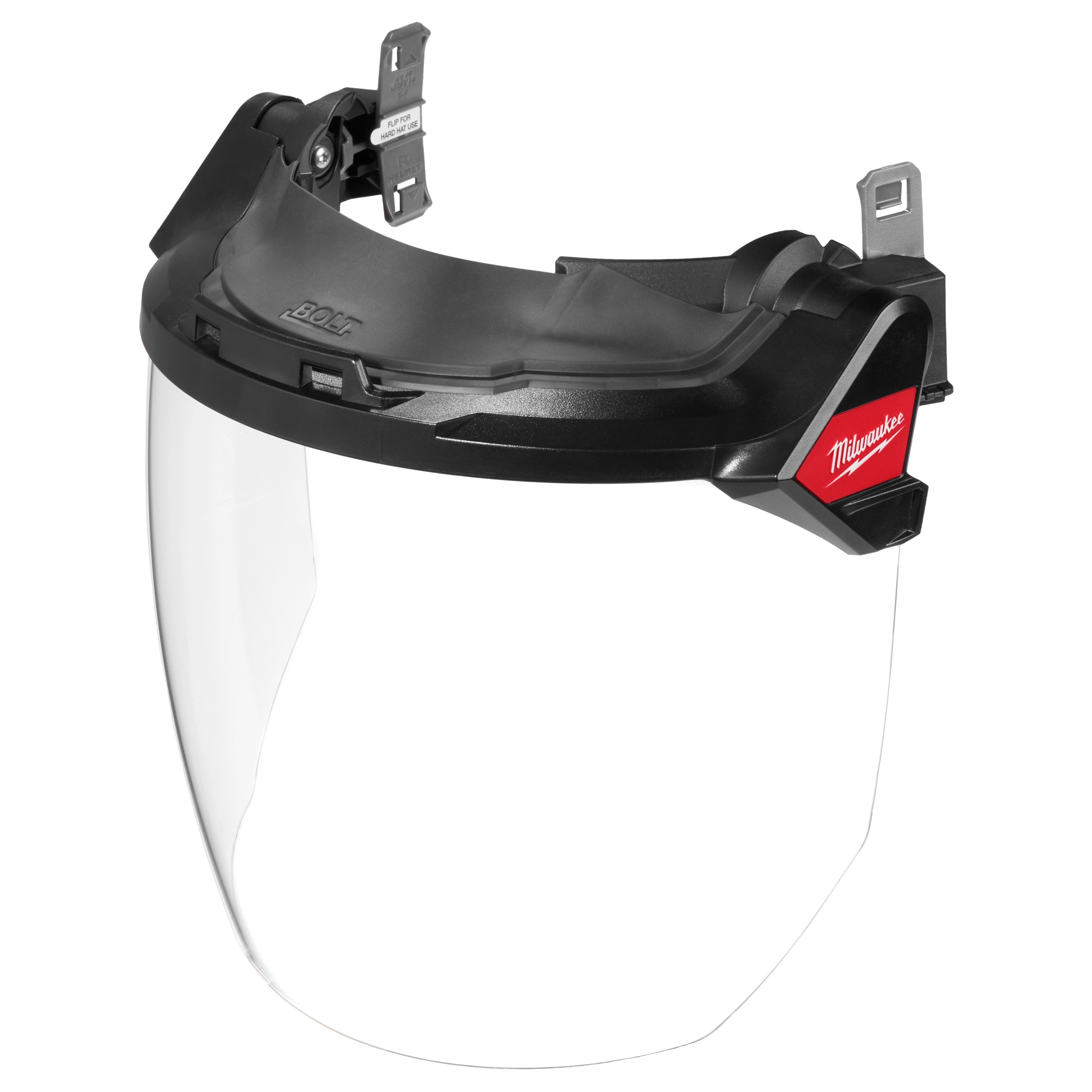 The image shows a BOLT™ Gasketed Full Face Shield - Clear Dual Coat Lens. It is compatible with Milwaukee® BOLT™ Safety Helmets and BOLT™ Hard Hats. The face shield has a clear, curved protective lens and a black attachment mechanism with the Milwaukee logo.