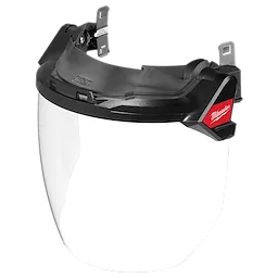 The image shows a BOLT™ Gasketed Full Face Shield - Clear Dual Coat Lens. It is compatible with Milwaukee® BOLT™ Safety Helmets and BOLT™ Hard Hats. The face shield has a clear, curved protective lens and a black attachment mechanism with the Milwaukee logo.