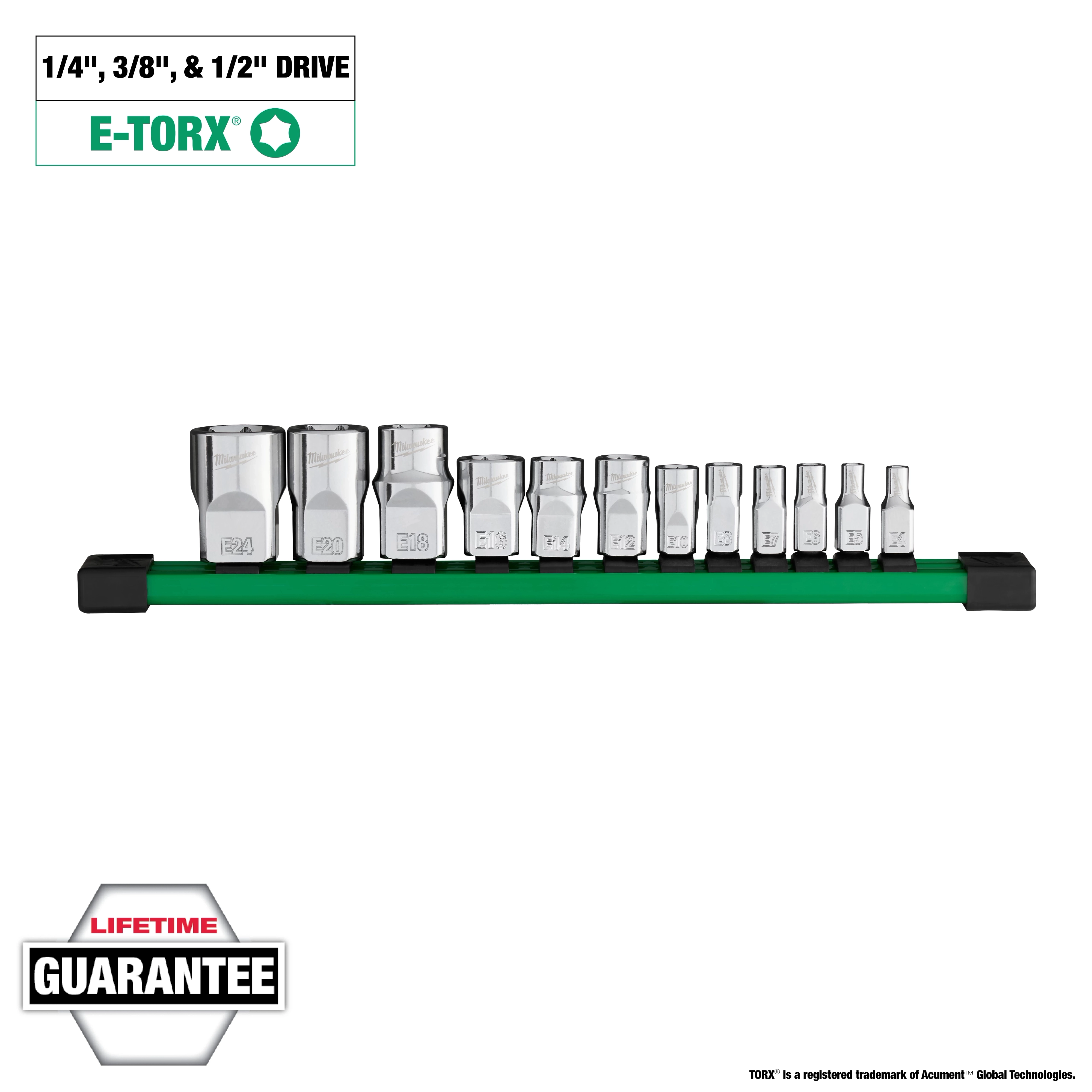 The image shows a 12pc 1/4”, 3/8”, & 1/2” Drive External Torx Socket Set arranged on a green rail. The sockets have sizes ranging from E4 to E24. The set comes with a lifetime guarantee.