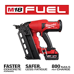 Image of the M18 FUEL Duplex Nailer with the text "M18 FUEL - Faster concrete forming. Safer, less fatigue. 800 nails per charge."