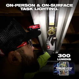 Worker using a Milwaukee Rechargeable Clip Light on a hat while wiring a ceiling fixture indoors.