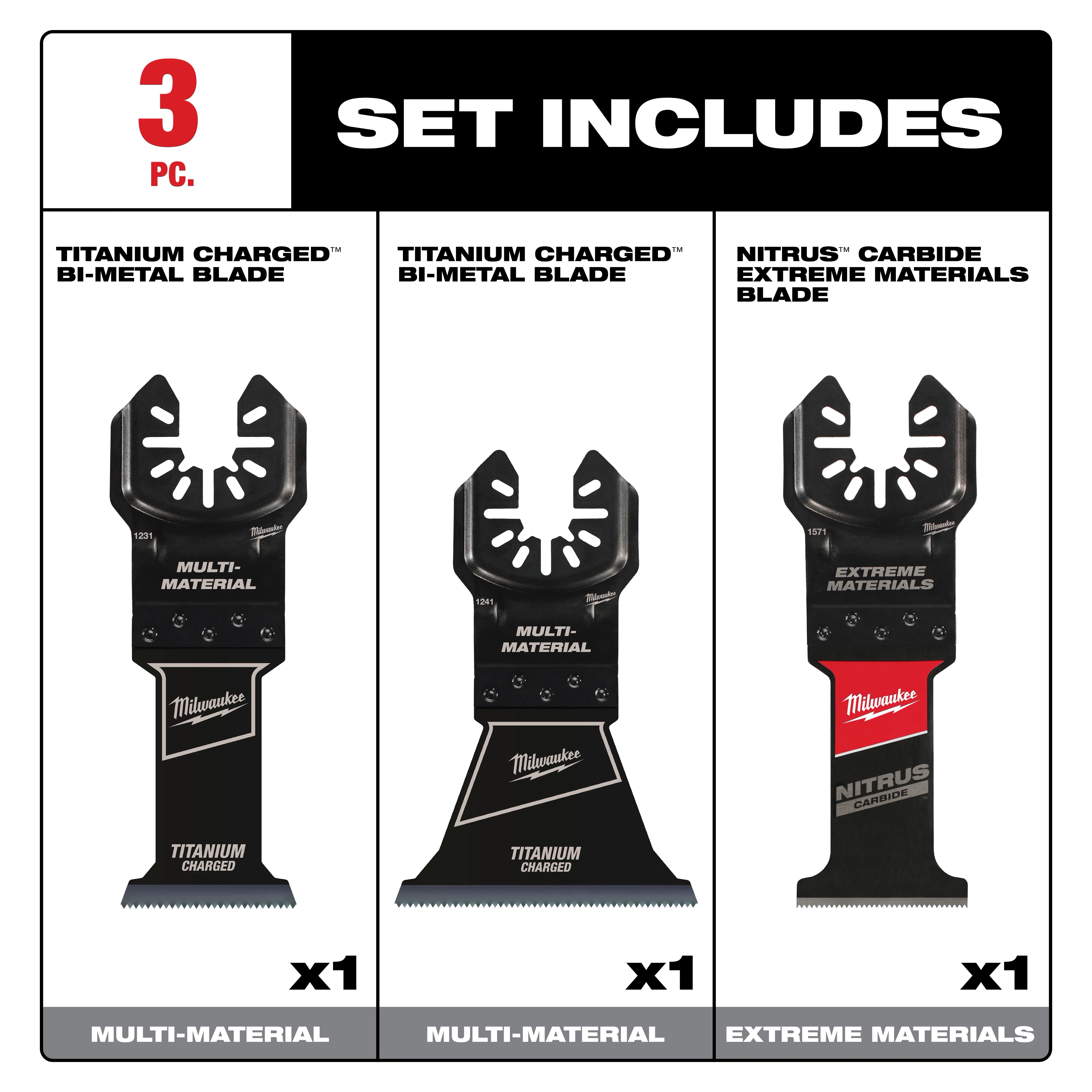 The image displays the OPEN-LOK™ 3 PC Multi-Material Oscillating Multi-Tool Blade Set. It includes two titanium charged bi-metal blades for multi-material use and one nitrus carbide blade for extreme materials. Each blade is labeled and shown with their respective names and usage indications.