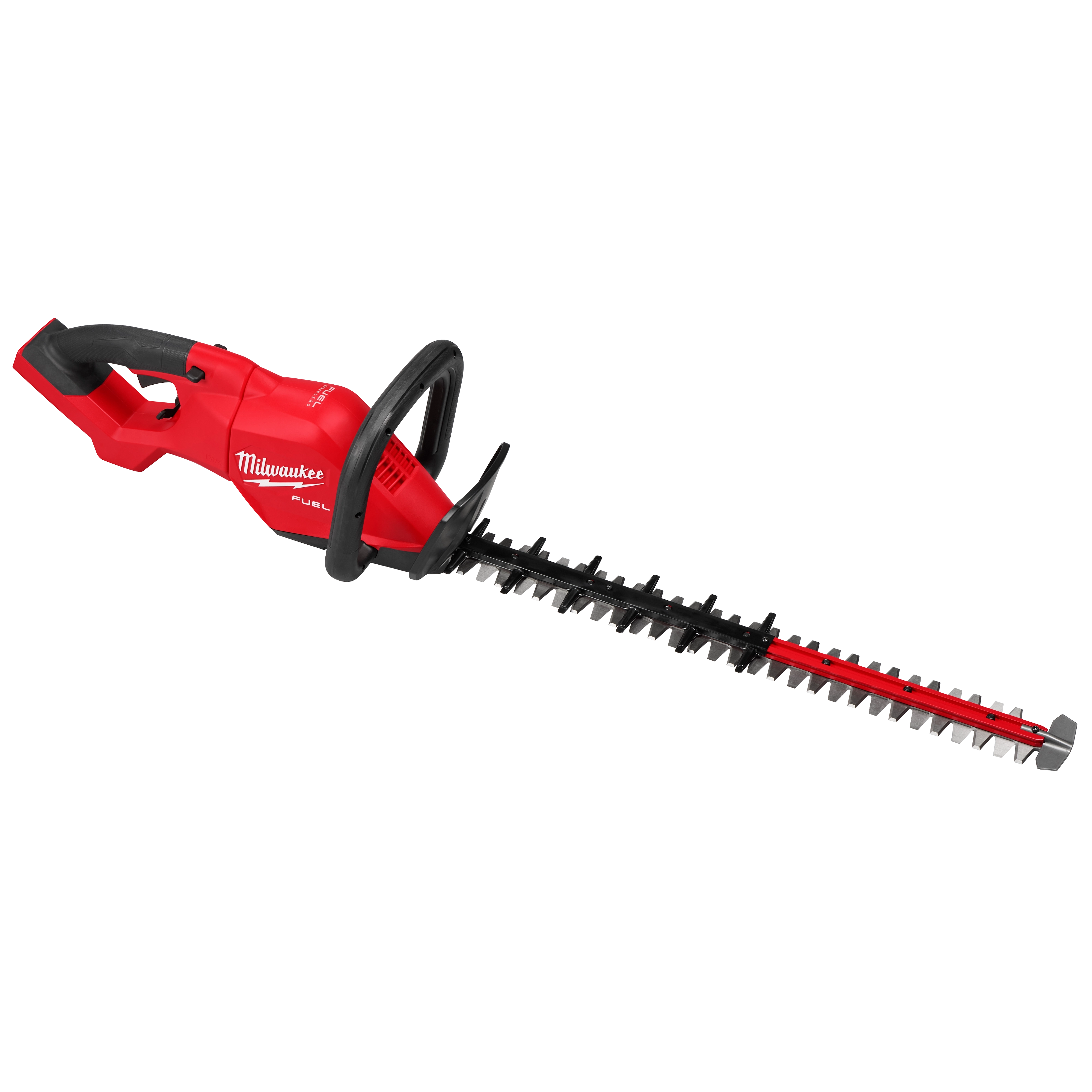 Red and black Milwaukee electric hedge trimmer with ergonomic handle and dual-action blade.
