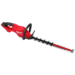 Red and black Milwaukee electric hedge trimmer with ergonomic handle and dual-action blade.