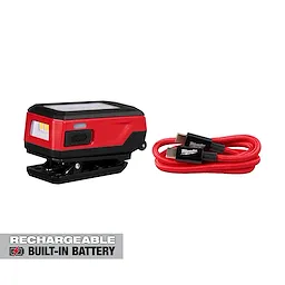 Milwaukee Rechargeable Clip Light with clip base beside a matching USB charging cable on a plain background.