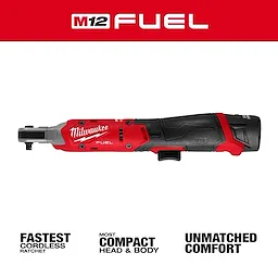 The Milwaukee M12 FUEL™ 1/4" Ratchet is a red and black cordless tool designed for speed, compact size, and comfort. The branding highlights it as the fastest in its category, featuring the most compact head and body, providing unmatched comfort.