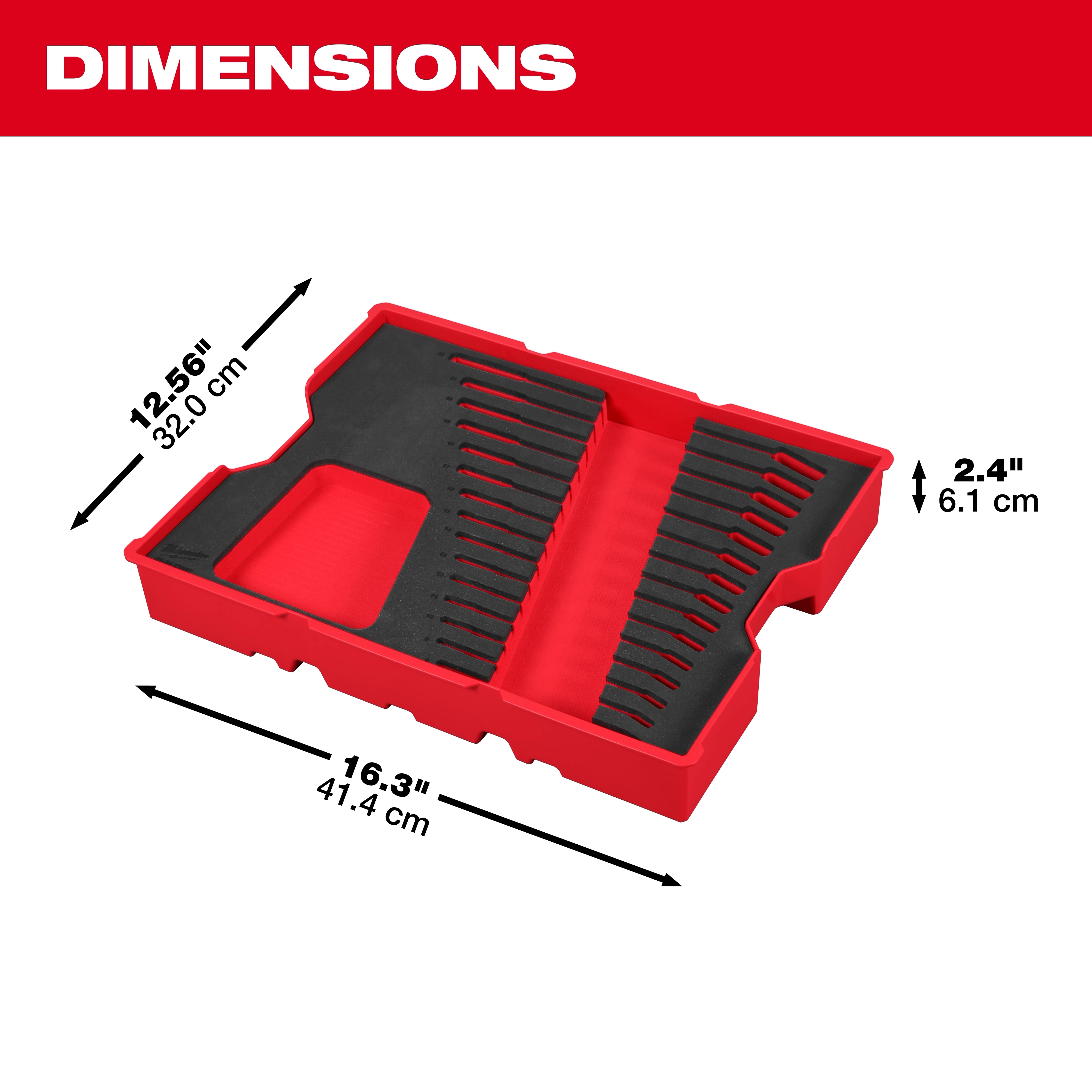 Bare Tray for 15pc. Metric Combination Wrench Set for PACKOUT™ Drawers is red with slots for 15 wrenches. Dimensions: 16.3 inches (41.4 cm) length, 12.56 inches (32.0 cm) width, and 2.4 inches (6.1 cm) height.