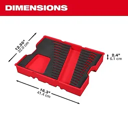 Bare Tray for 15pc. Metric Combination Wrench Set for PACKOUT™ Drawers is red with slots for 15 wrenches. Dimensions: 16.3 inches (41.4 cm) length, 12.56 inches (32.0 cm) width, and 2.4 inches (6.1 cm) height.