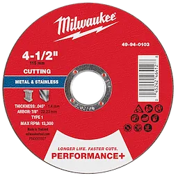 4-1/2" x .045" x 7/8" Performance+ Metal Cut Off Wheel - Type 1 for cutting metal and stainless steel, max RPM 13,300.