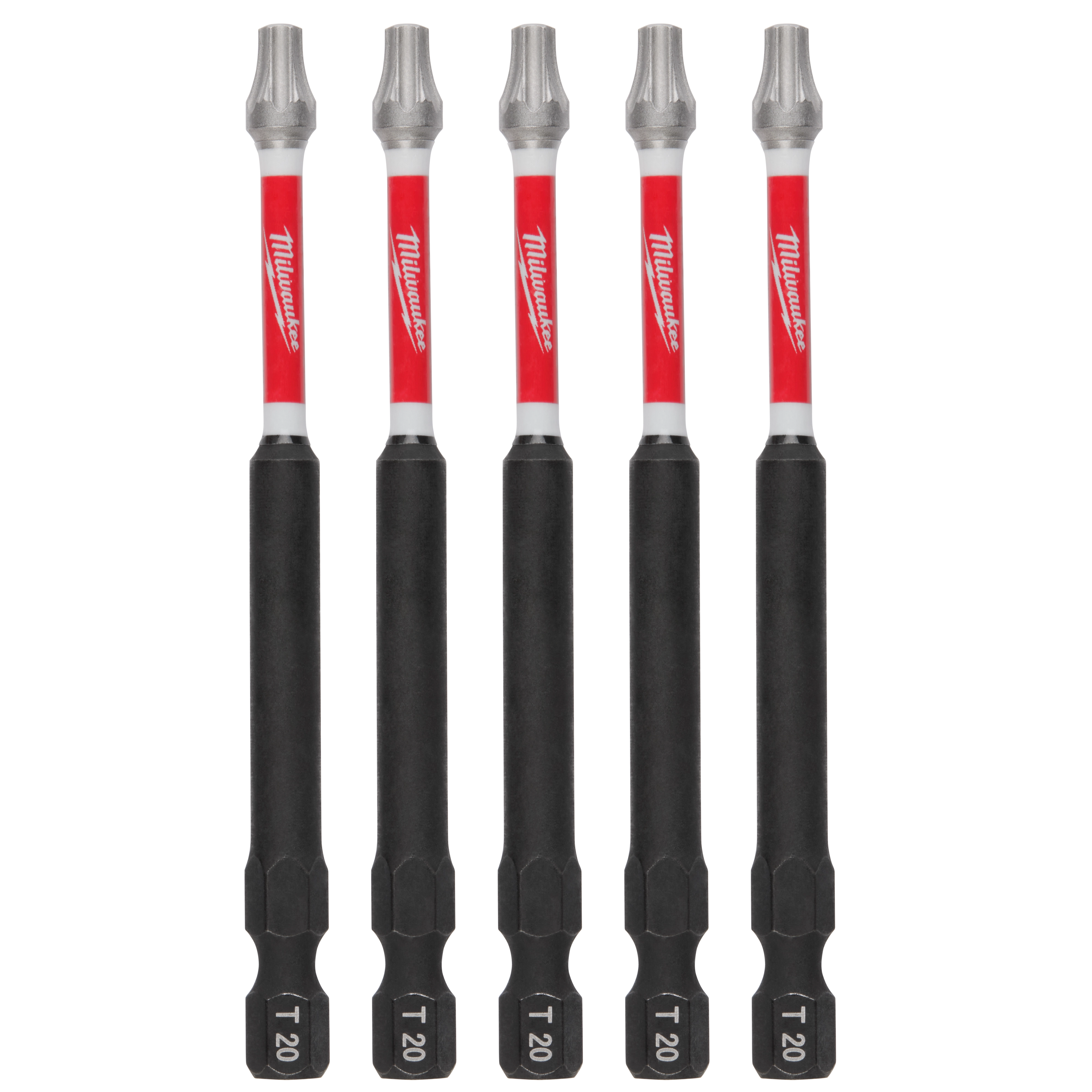 The image shows five SHOCKWAVE™ 3-1/2" Impact TORX® T20 Power Bits (5 PK) from Milwaukee. The bits are black with red and white branding, and the T20 size is marked at the base.