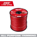 Red Milwaukee spool, .095" x 750' trimmer line, with black mesh, labeled "All Purpose Trimming".