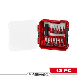 A red and black case is open to reveal the SHOCKWAVE™ Impact Duty Driver Bit Auto Set – 13PC. Various driver bits and a bit holder are organized inside. The product logo and "13 PC" are also visible in the image.