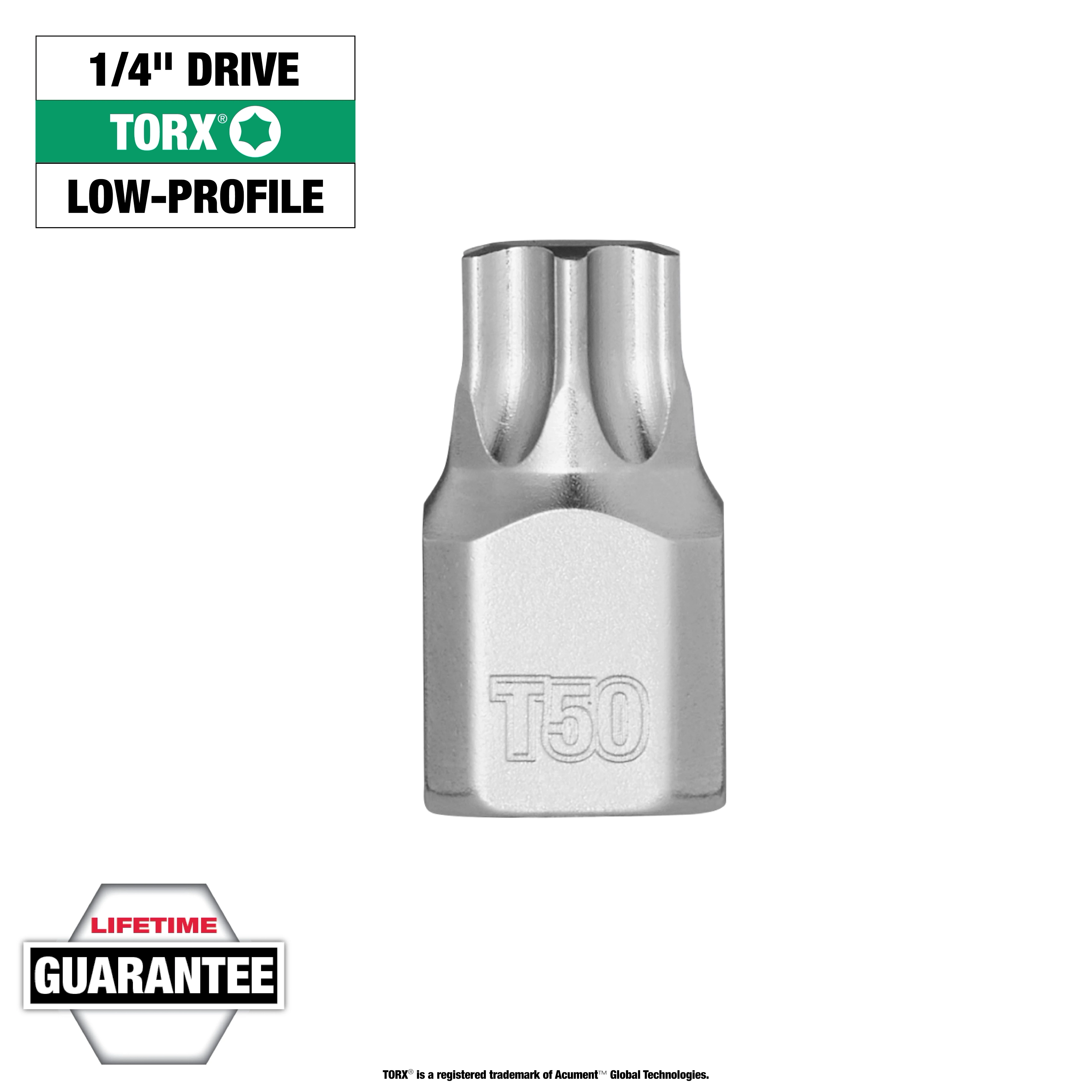 1/4" Drive T50 Low-Profile TORX Bit Socket, shown with lifetime guarantee badge. It has a compact design and a silver finish.
