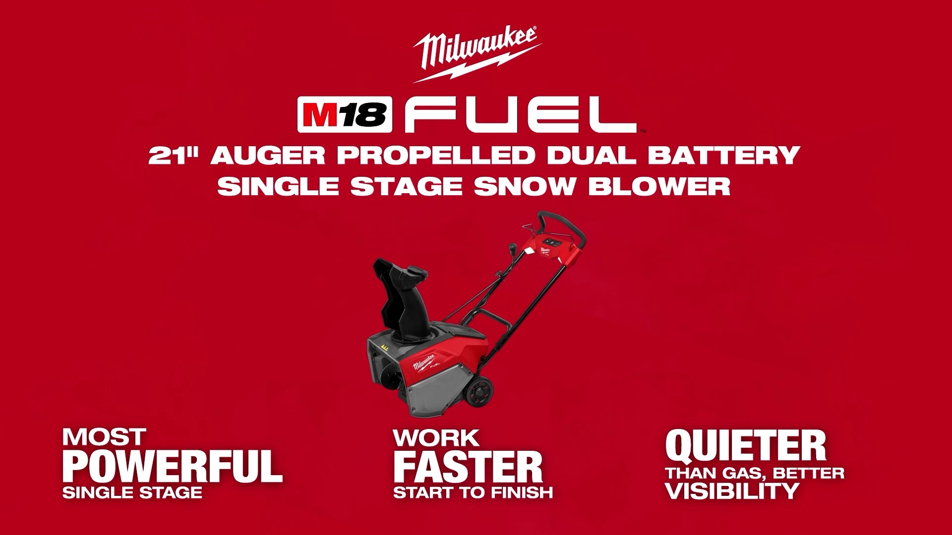 The video shows a M18 FUEL™ 21" Auger Propelled Dual Battery Single Stage Snow Blower by Milwaukee. It features a red and black design with a sturdy handle and wheels, and a large front auger for snow removal.