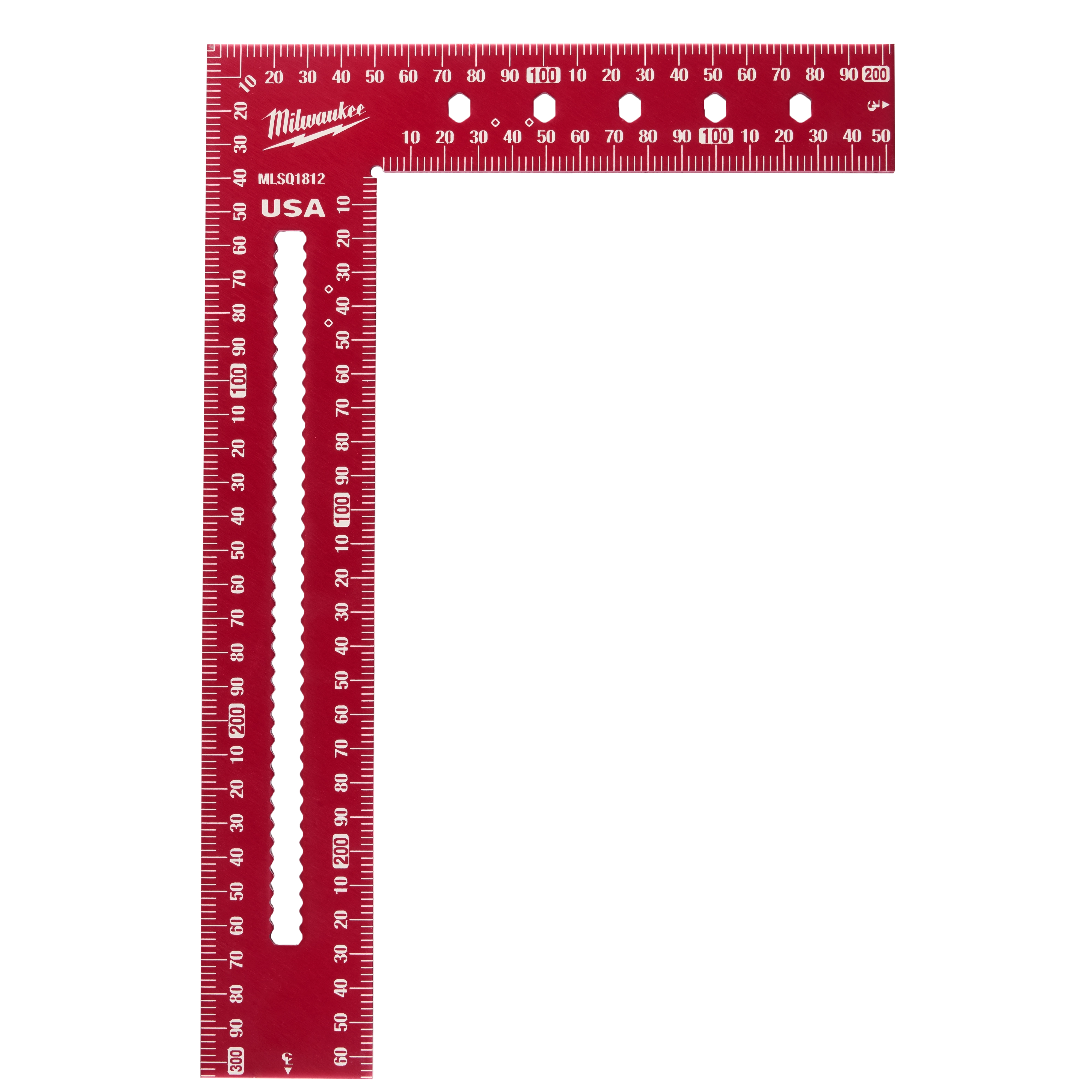 Image of a 200mm x 300mm Framing Square. The square is red and marked with measurement scales along both edges. It has a rectangular cutout in the longer arm and displays the brand name and measurements in white text.