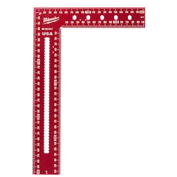 Image of a 200mm x 300mm Framing Square. The square is red and marked with measurement scales along both edges. It has a rectangular cutout in the longer arm and displays the brand name and measurements in white text.
