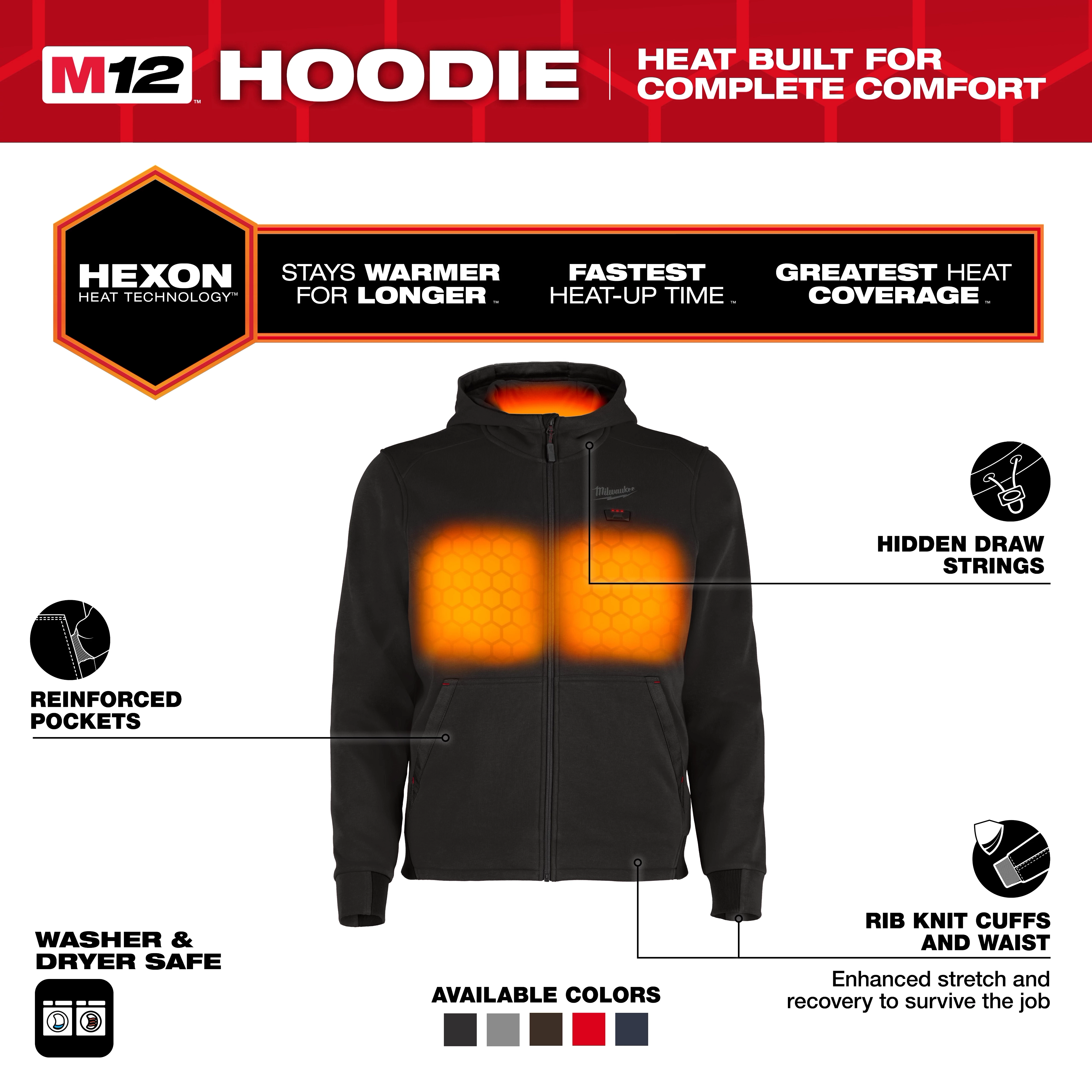 M12™ Heated Hoodie shown in black with heating zones on the chest and back. Features include reinforced pockets, hidden drawstrings, rib knit cuffs and waist, and is washer and dryer safe. Available in multiple colors. Uses Hexon Heat Technology for fast heat-up and extended warmth.