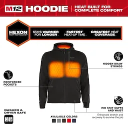 M12™ Heated Hoodie shown in black with heating zones on the chest and back. Features include reinforced pockets, hidden drawstrings, rib knit cuffs and waist, and is washer and dryer safe. Available in multiple colors. Uses Hexon Heat Technology for fast heat-up and extended warmth.