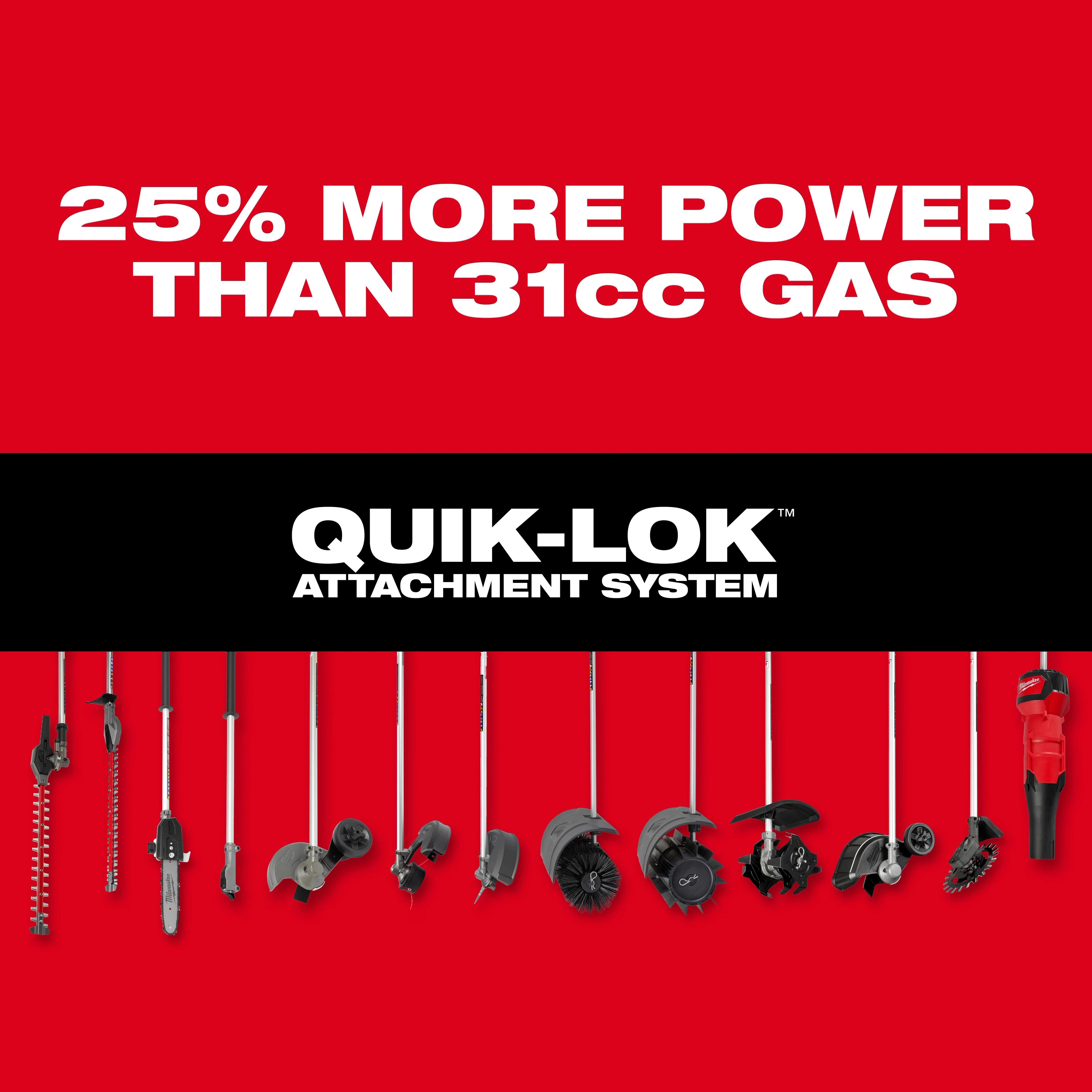 QUIK-LOK attachment system with multiple power head, string trimmer, pole saw, blower, and brush tool attachments displayed.