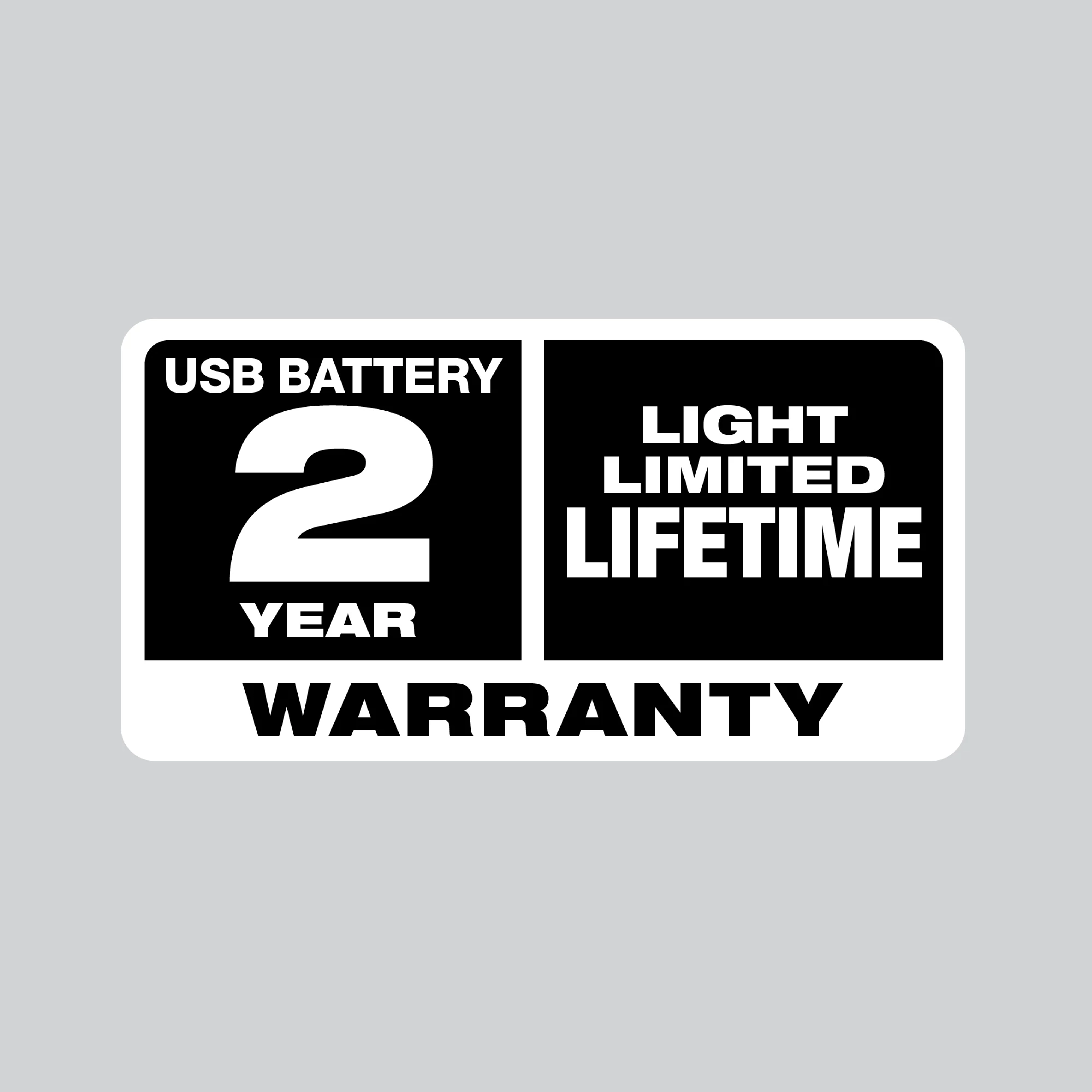 USB Battery 2 Year Warranty and Light Limited Lifetime Warranty text in black and white divided into two sections.