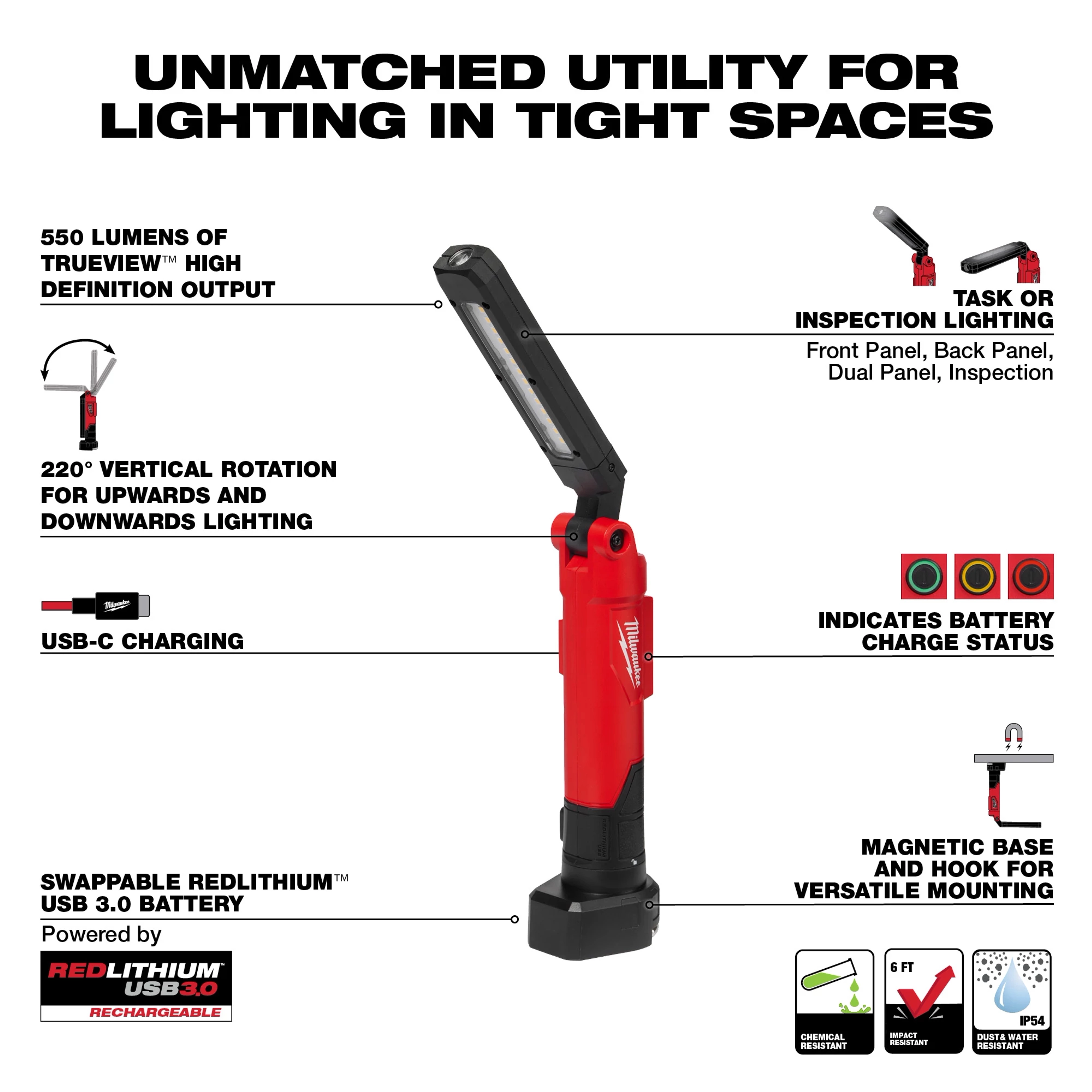 REDLITHIUM USB Stick Light with Magnet and Charging Dock features 550 lumens, 220° rotation, USB-C charging, and swappable batteries.