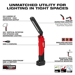 REDLITHIUM USB Stick Light with Magnet and Charging Dock features 550 lumens, 220° rotation, USB-C charging, and swappable batteries.