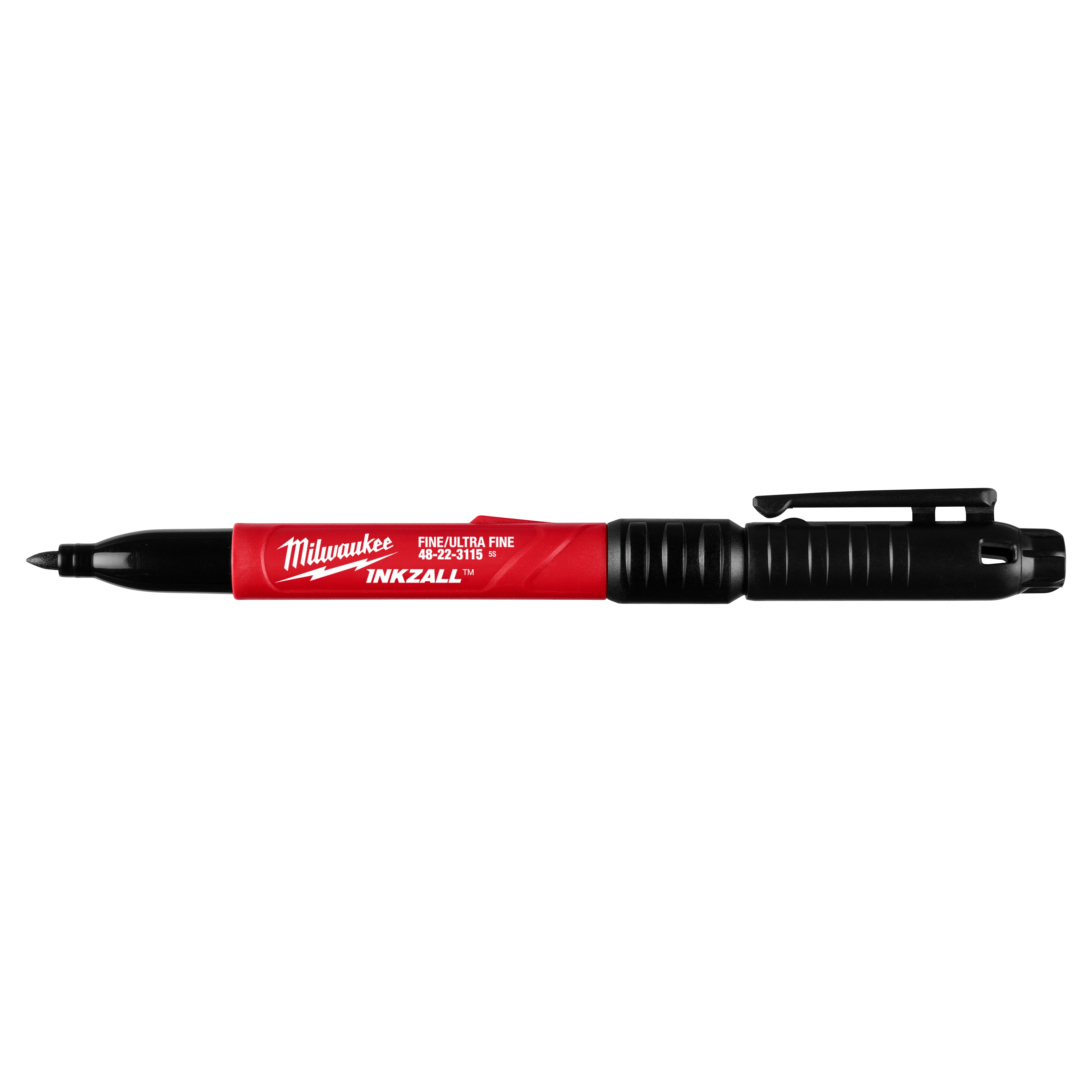 The Milwaukee INKZALL Double-Sided Black Jobsite Marker—Ultra Fine & Fine Point has a clip on the cap and a black, ribbed grip. It features both ultra-fine and fine point tips for versatile marking needs.