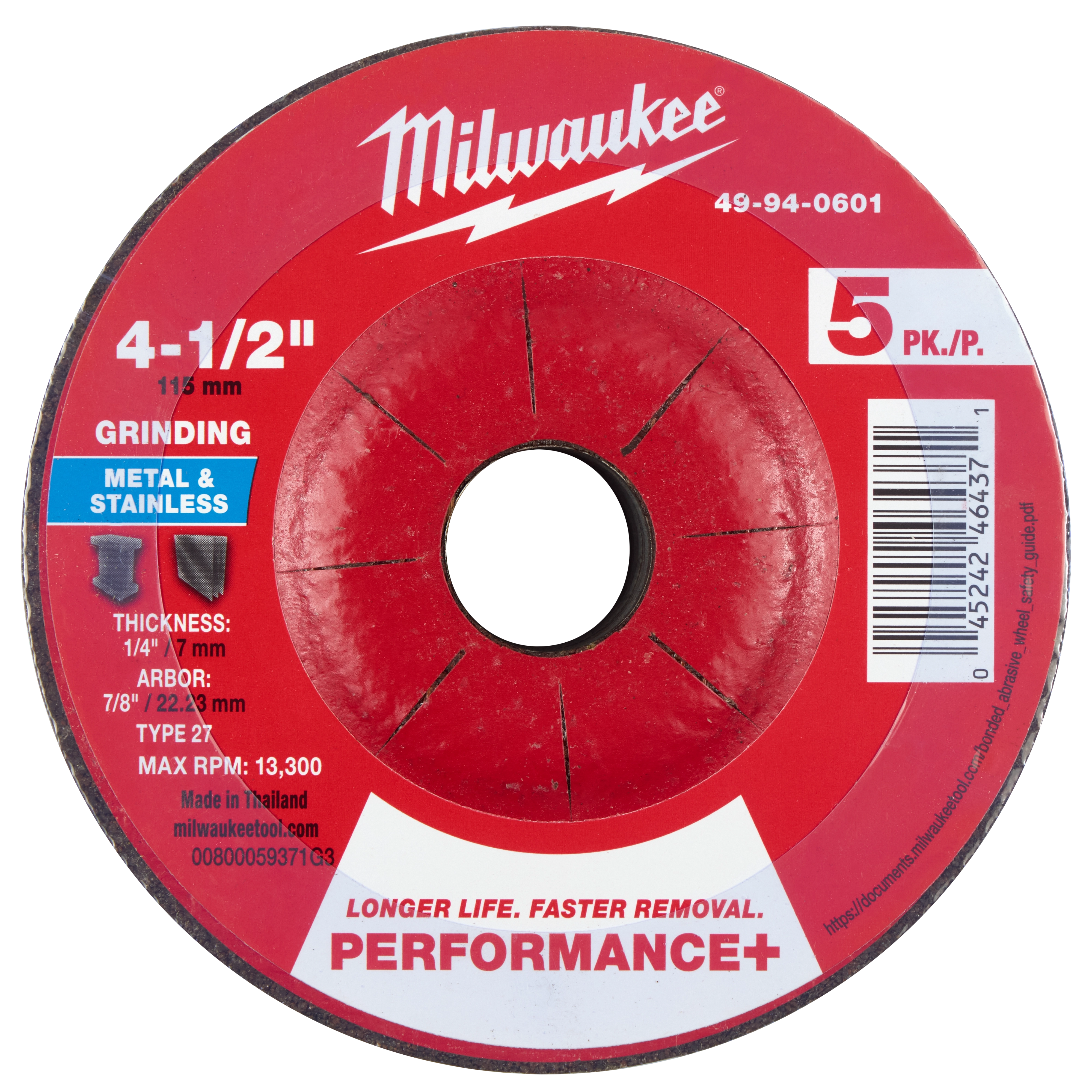 4-1/2" x 1/4" x 7/8" Performance+ Metal Grinding Wheel, Type 27, 5 pack designed for metal and stainless grinding.