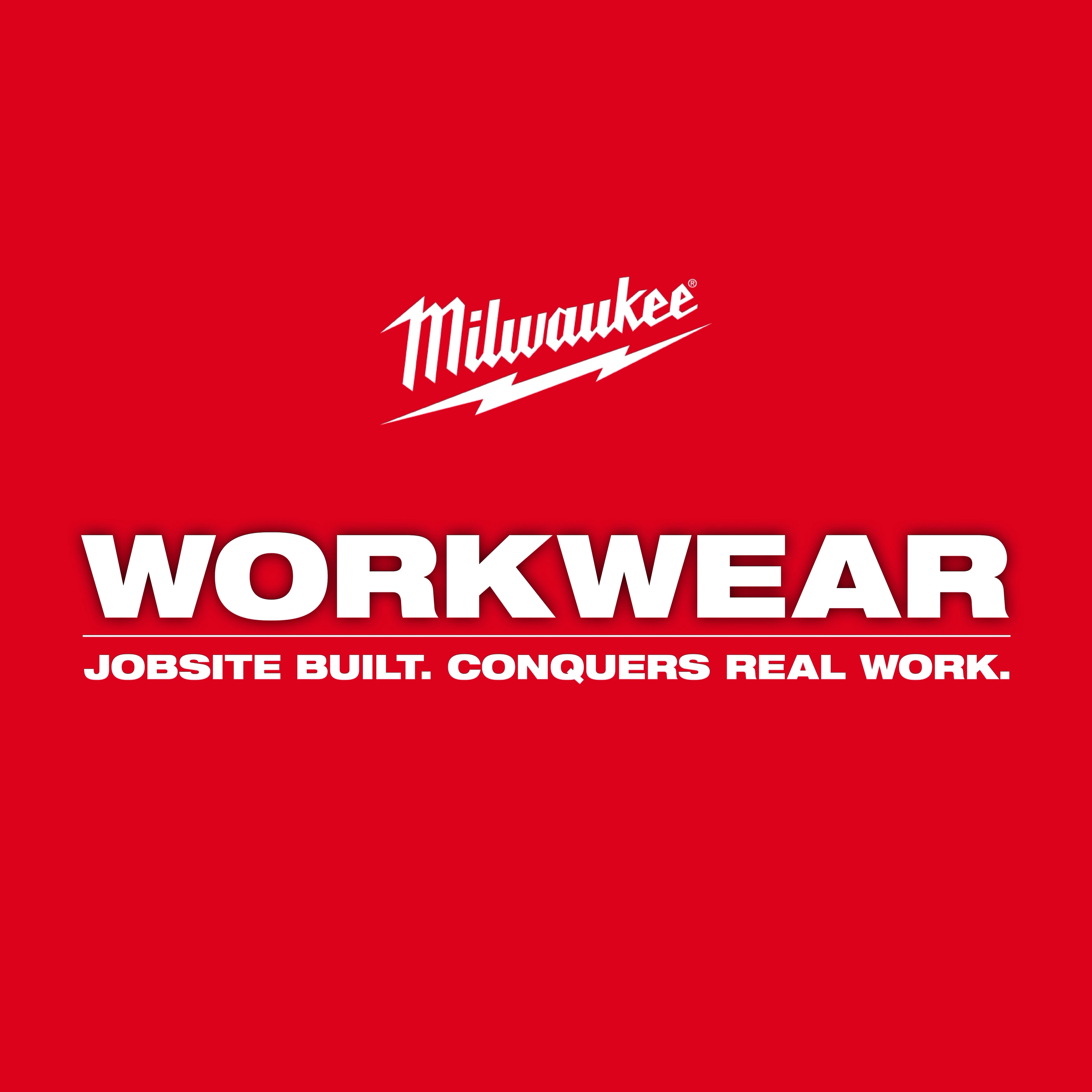 Milwaukee Workwear System logo on a red background with the text "Jobsite Built. Conquers Real Work." in white letters.