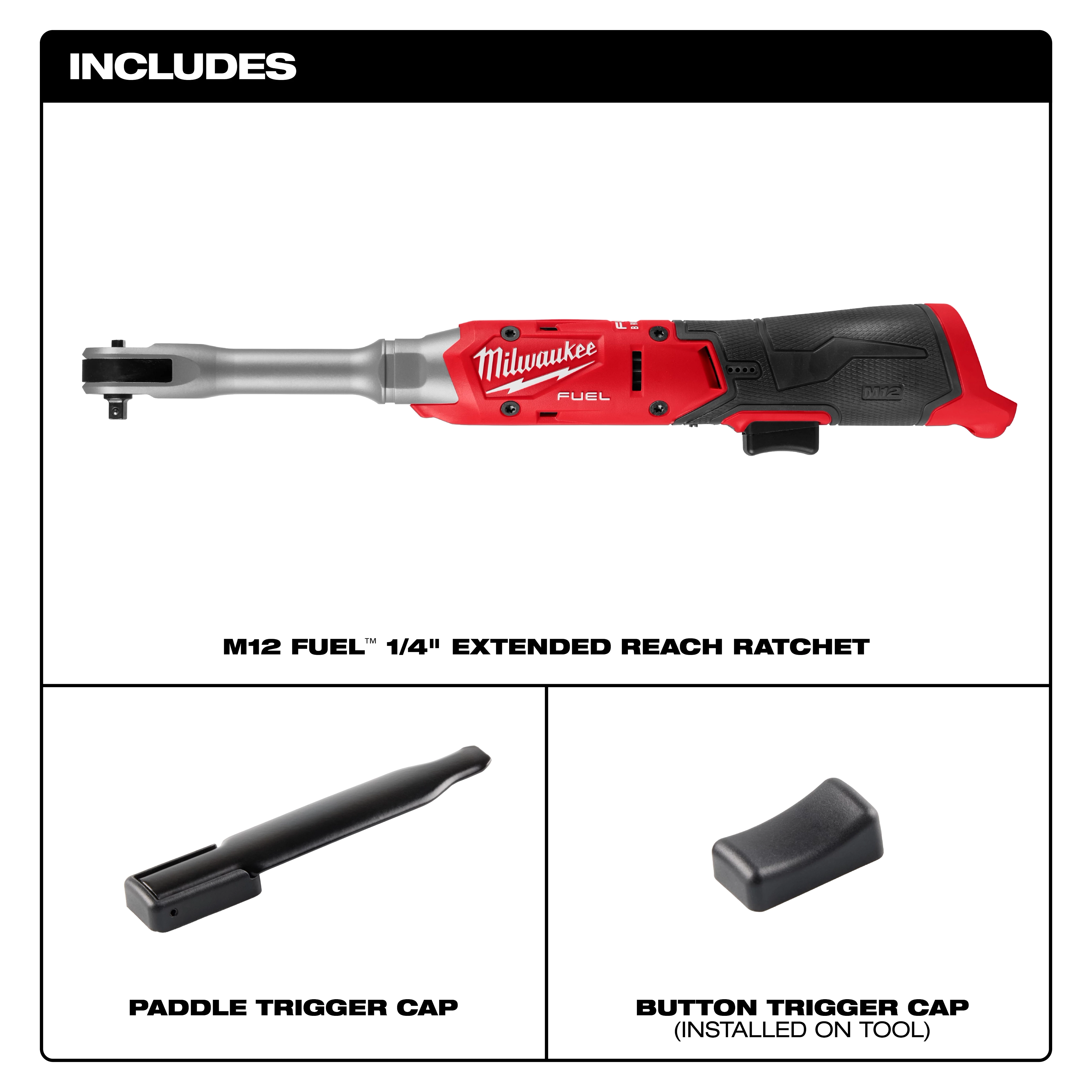 M12 FUEL 1/4" Extended Reach Ratchet with paddle trigger cap and button trigger cap shown on a white layout.
