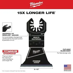 Product image of Milwaukee 2-1/2" Open-Lok titanium charged bi-metal multi-material multi-tool blade, promising 15 times longer life.