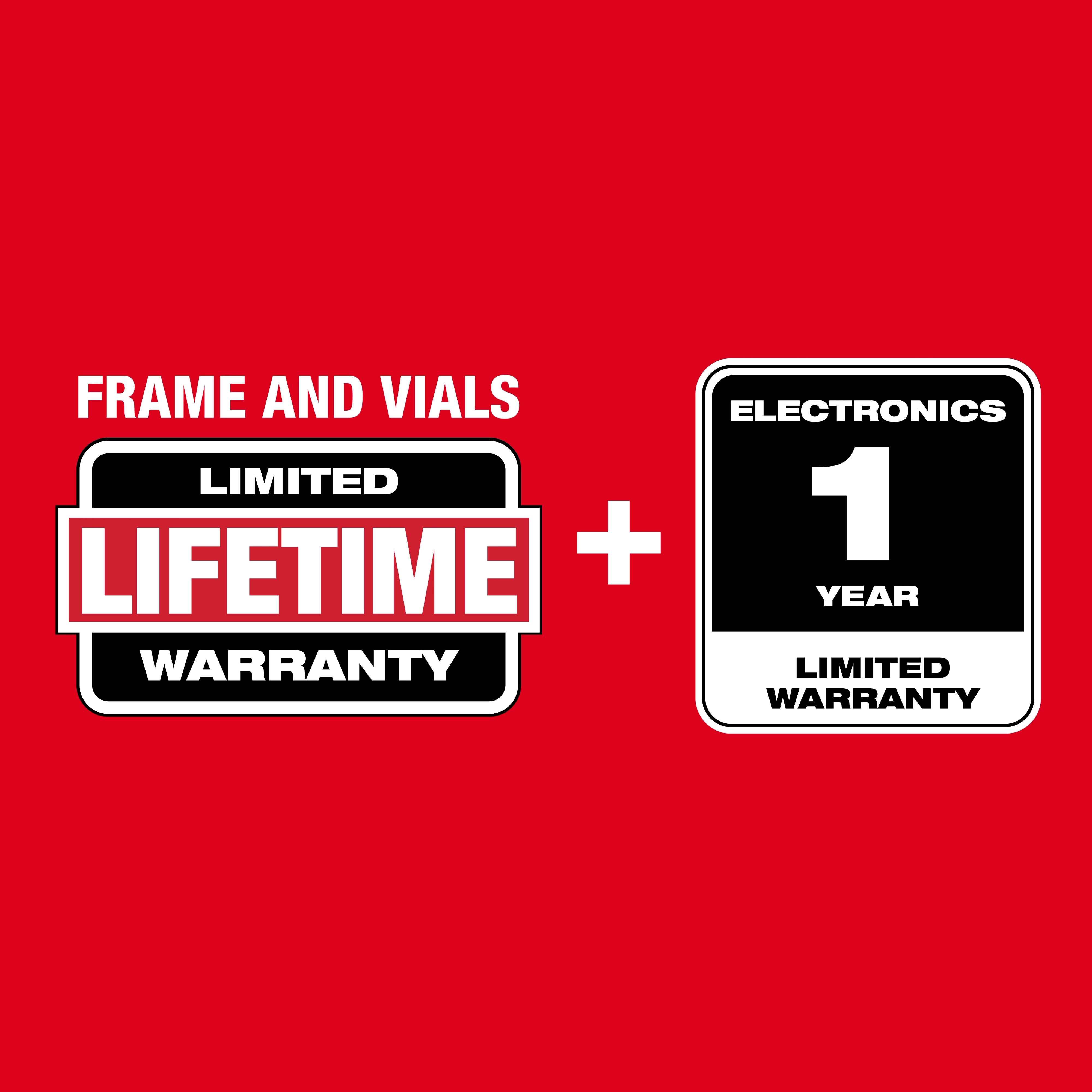 Image with the text "Frame and Vials" with a limited lifetime warranty logo and electronics 1-year limited warranty logo
