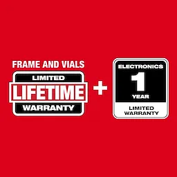 Image with the text "Frame and Vials" with a limited lifetime warranty logo and electronics 1-year limited warranty logo