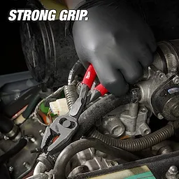 A black-gloved hand uses 8" Slip Joint Pliers with red handles to grip a mechanical part, demonstrating a strong grip.
