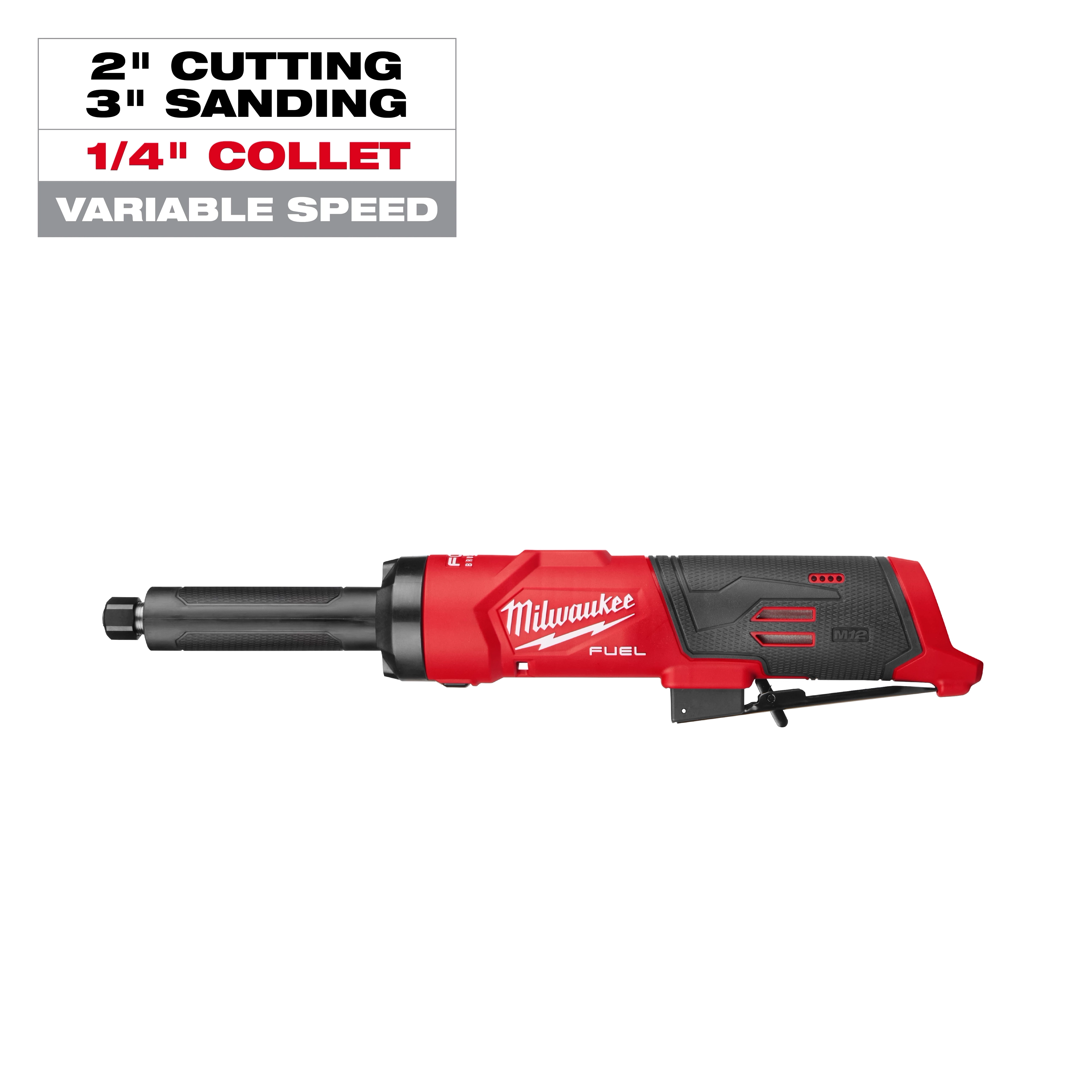 M12 FUEL 1/4" Extended Die Grinder with long black grinding head and red body on a plain background.
