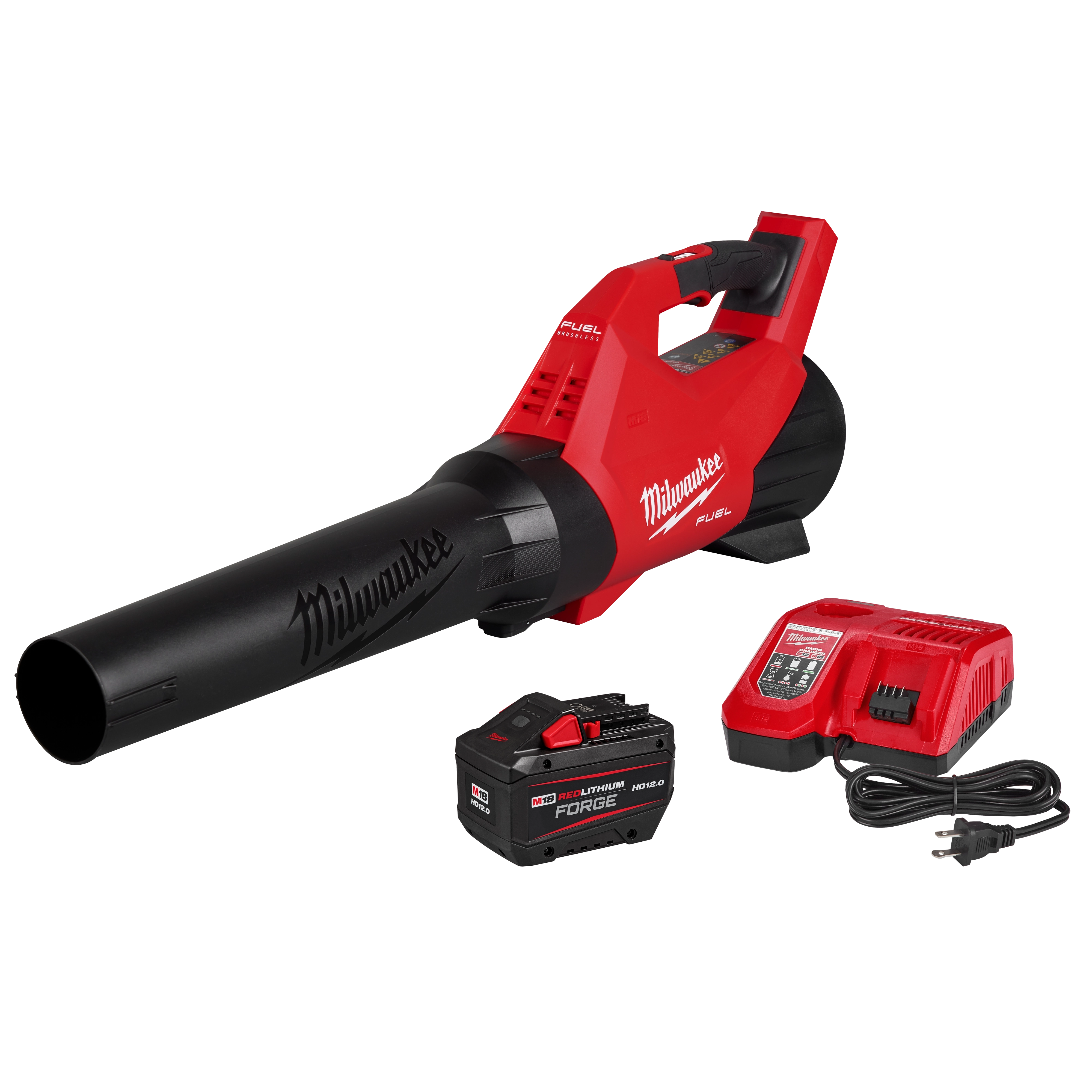 Red and black leaf blower with removable battery and charger set, displayed on white background.