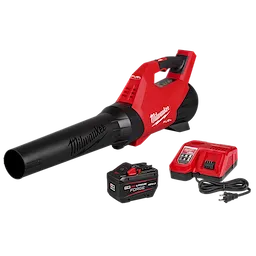 Red and black leaf blower with removable battery and charger set, displayed on white background.