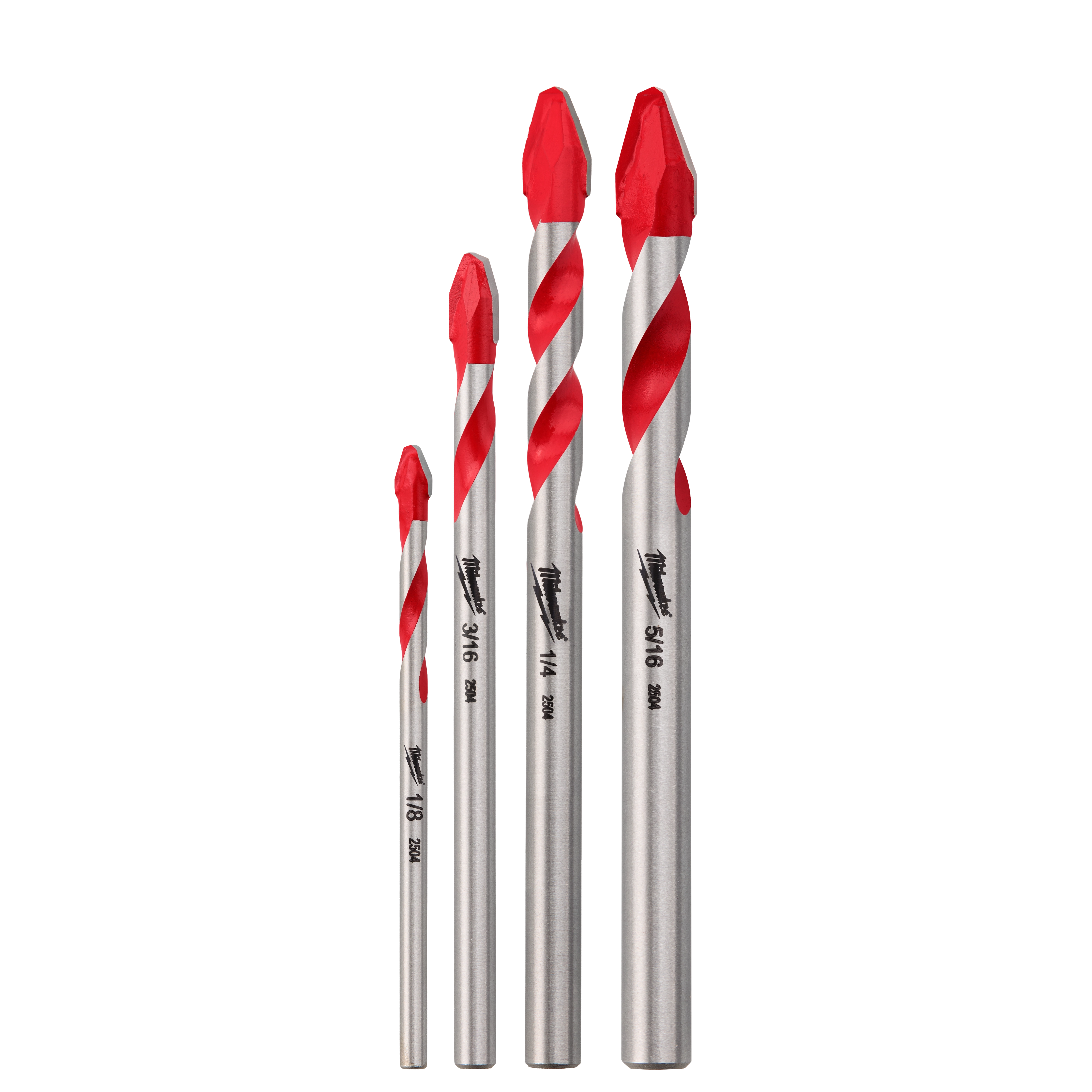 4PC Hard Tile and Glass Bit Set with four metal drill bits featuring red tips arranged by height.