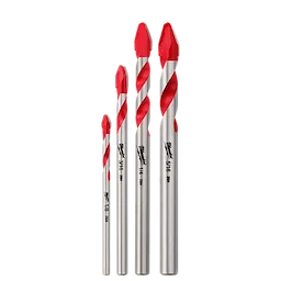 4PC Hard Tile and Glass Bit Set with four metal drill bits featuring red tips arranged by height.