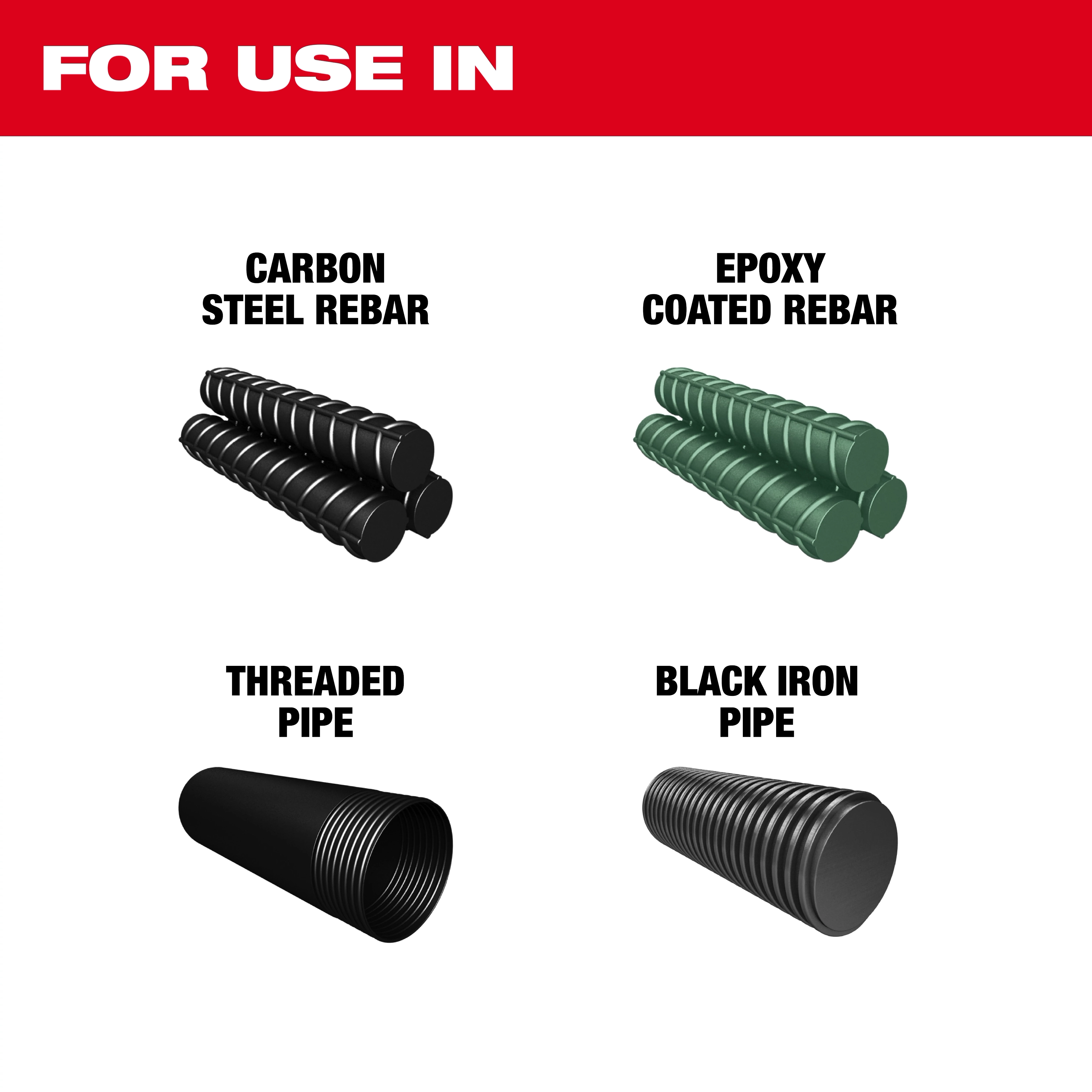 This image shows the applications of the #10 (1-1/4”) Rebar Cutting Blade. It indicates use in cutting carbon steel rebar, epoxy-coated rebar, threaded pipe, and black iron pipe.