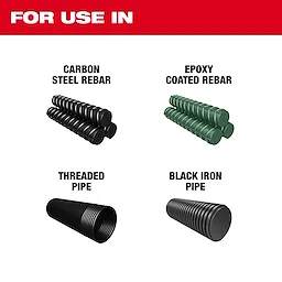 This image shows the applications of the #10 (1-1/4”) Rebar Cutting Blade. It indicates use in cutting carbon steel rebar, epoxy-coated rebar, threaded pipe, and black iron pipe.
