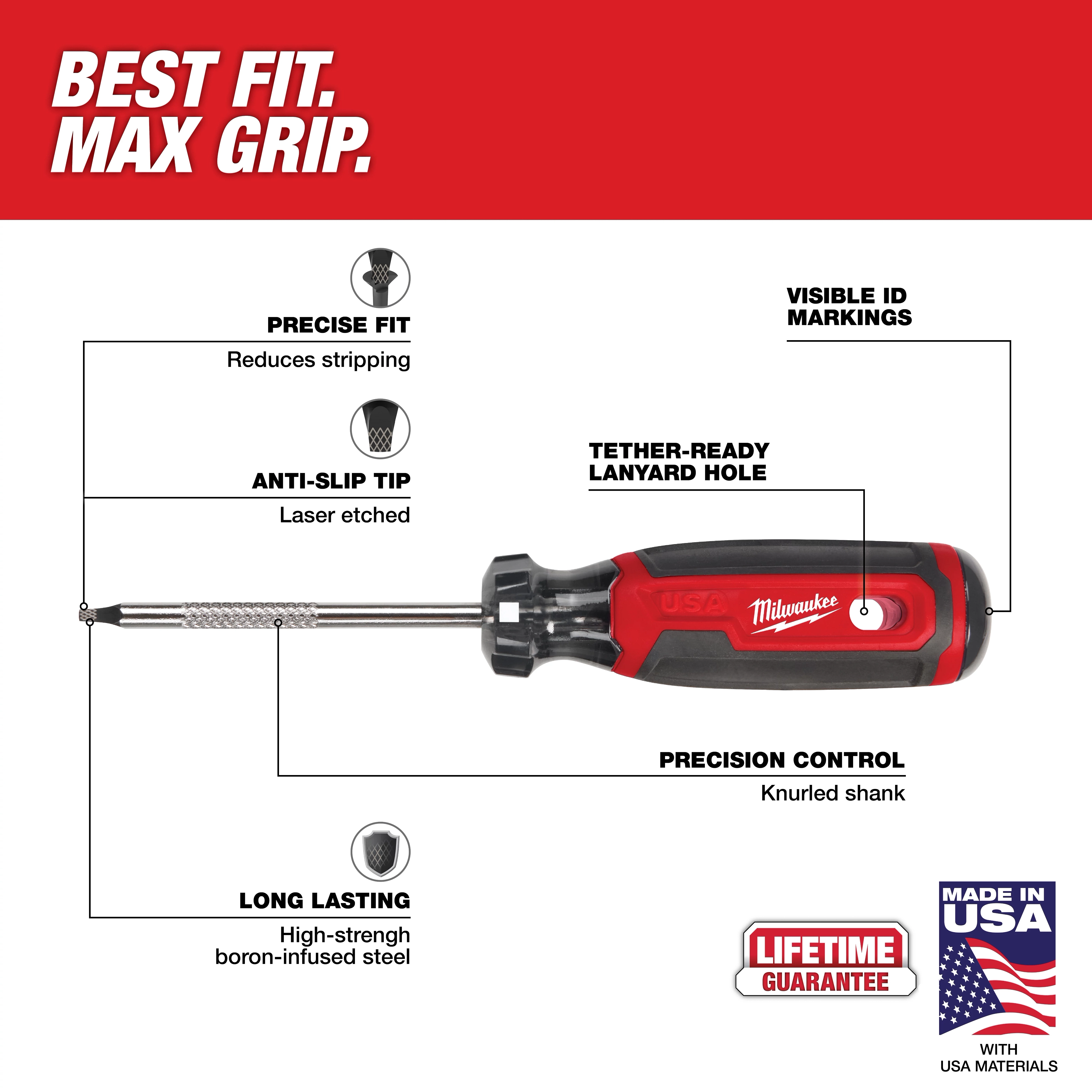 The %231 Square 3" Cushion Grip Screwdriver (USA) features a laser-etched anti-slip tip, visible ID markings, and a high-strength boron-infused steel for durability. Includes a tether-ready lanyard hole and knurled shank for precision control. Made in the USA with a lifetime guarantee.