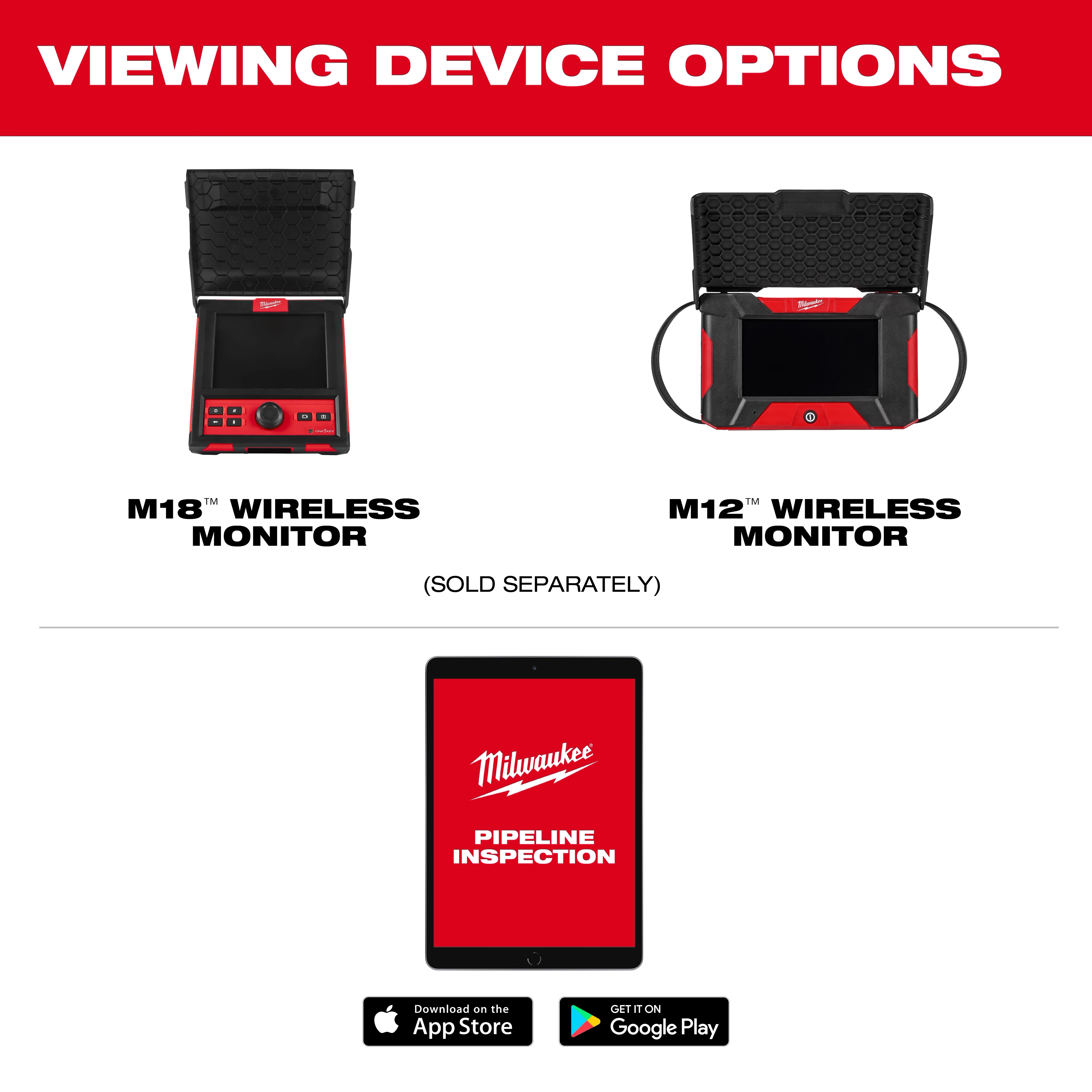 The image shows two wireless monitors, M18 and M12, distributed by Milwaukee for pipeline inspection. The devices are labeled as sold separately. Below is a tablet displaying "Milwaukee Pipeline Inspection," with download options from the App Store and Google Play.