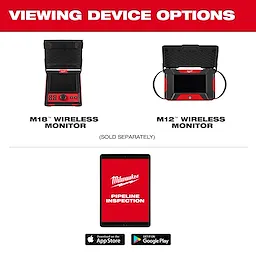 The image shows two wireless monitors, M18 and M12, distributed by Milwaukee for pipeline inspection. The devices are labeled as sold separately. Below is a tablet displaying "Milwaukee Pipeline Inspection," with download options from the App Store and Google Play.