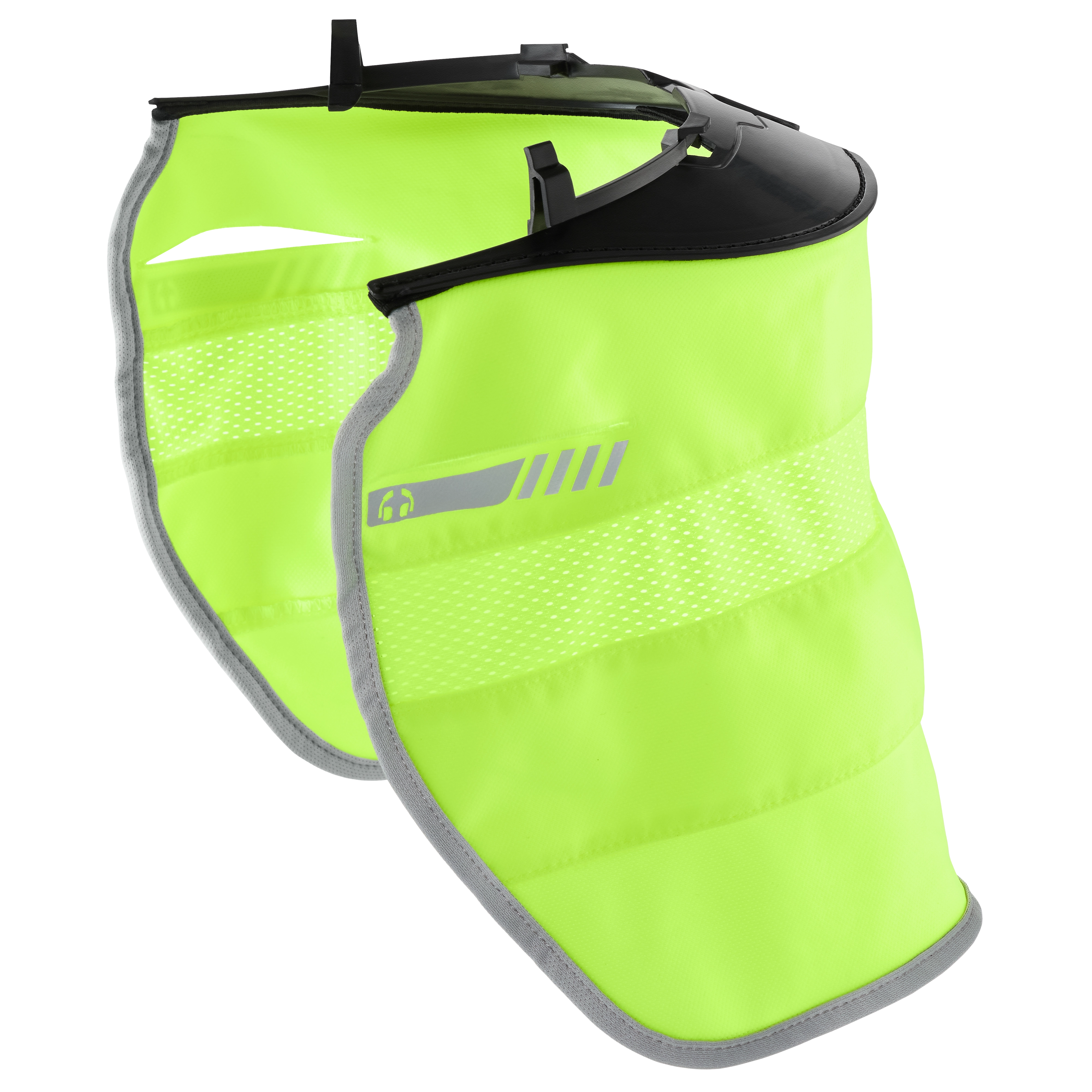 The image shows a BOLT™ Sunshade. It is a bright yellow-green, reflective fabric accessory designed to attach to a helmet. It has a mesh strip for ventilation and a black section at the top for securing to the helmet. The edges are trimmed in gray.