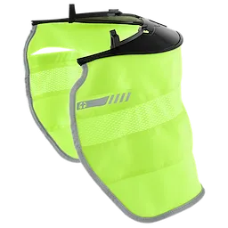 The image shows a BOLT™ Sunshade. It is a bright yellow-green, reflective fabric accessory designed to attach to a helmet. It has a mesh strip for ventilation and a black section at the top for securing to the helmet. The edges are trimmed in gray.
