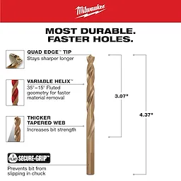 5/16 in. Cobalt Red Helix Twist Drill Bit features a Quad Edge tip for longer sharpness, Variable Helix geometry for faster material removal, and a thicker tapered web for increased strength. It also includes a Secure-Grip design to prevent slipping in the chuck.