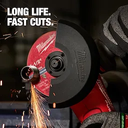 A Bonded Abrasives Cutting disc in use, emitting sparks as it cuts through a metal pipe. Text reads "Long life. Fast cuts."