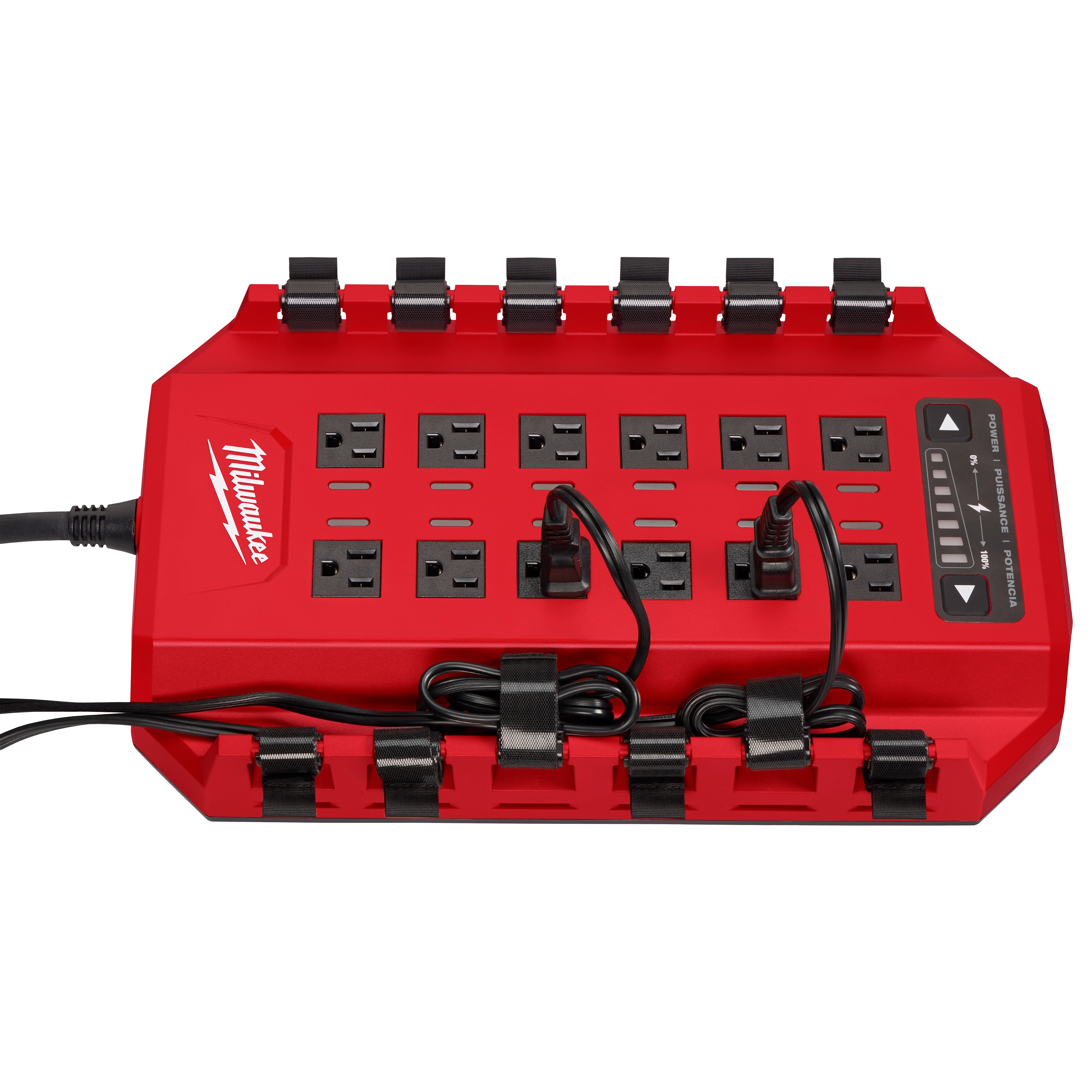 The image shows a red Power Manager – 15 Amp Circuit by Milwaukee, featuring multiple AC outlets, integrated cord management, and indicator lights on the right. It is designed for efficient power distribution and organization.